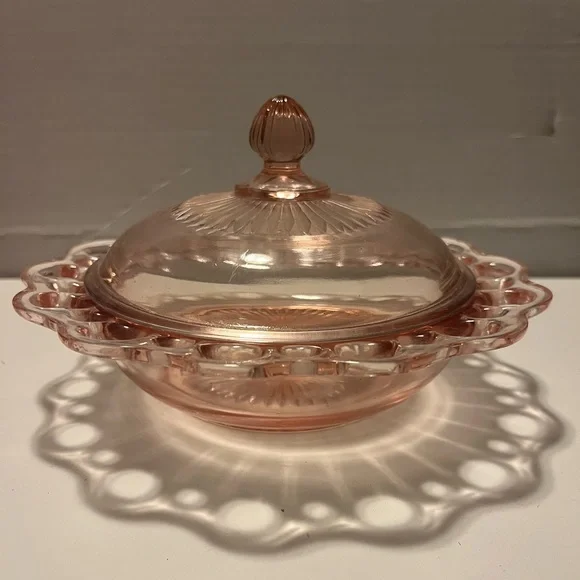 Vintage Pink Glass Dish Depression Glass Ribbed Lid w/Lace